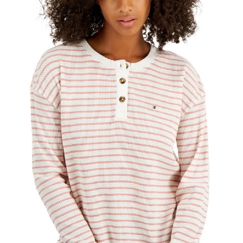 Tommy Hilfiger Women's Long Sleeve Striped Boxy Henley Top Pink Size X-Small