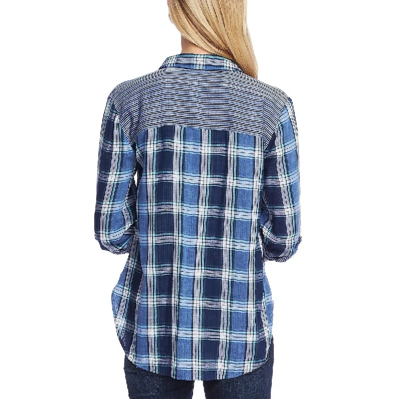 Vince Camuto Women's Plaid Long Sleeve Collared Button Up Top Blue Size Medium