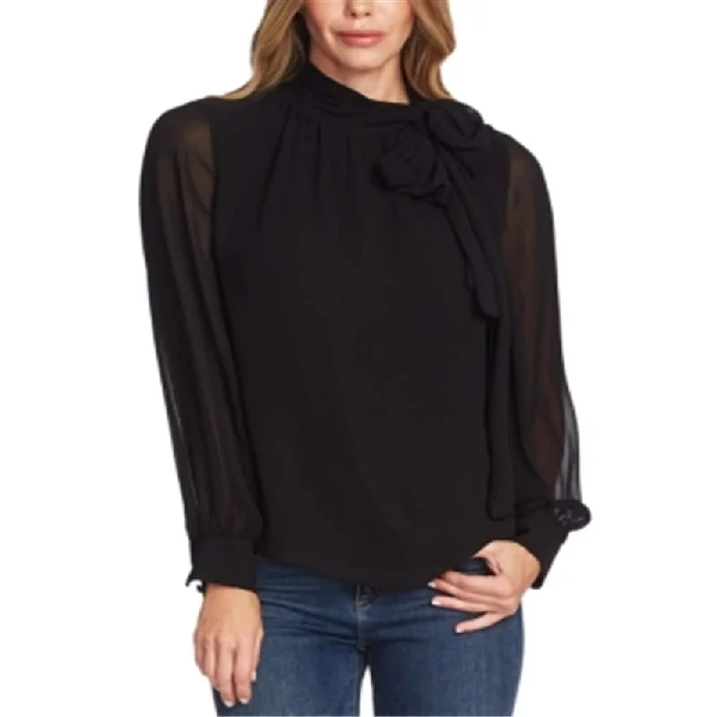 Vince Camuto Women's Tie Neck Long Sleeve Chiffon Blouse Black Size Medium