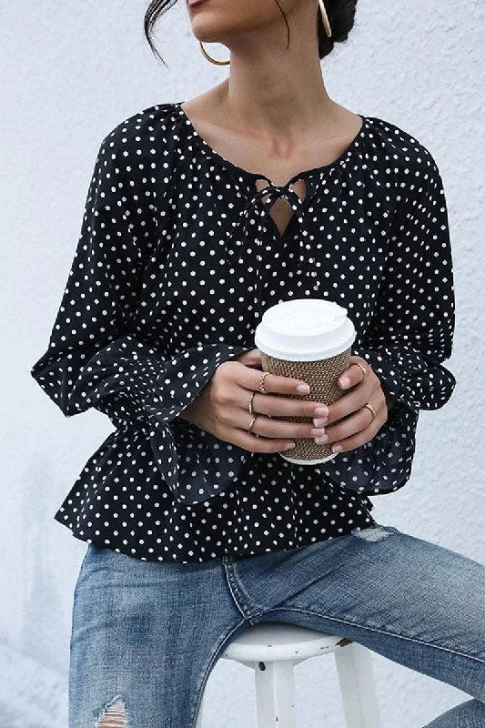 LONG SLEEVE TIED NECK DOT RUFFLE BLOUSE