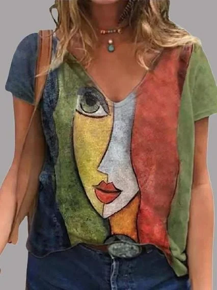 Unique Abstract Print V-neck T-Shirts with Short Sleeves