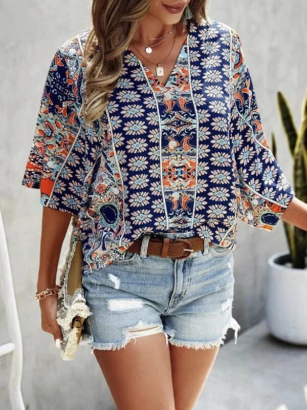 Casual Solid Flowy Loose Tunic Short Sleeve V Neck Blouse