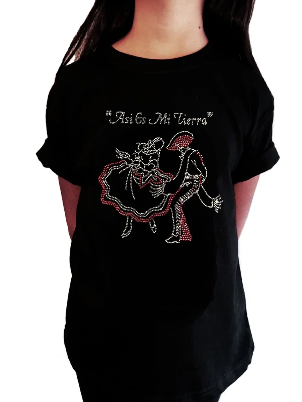 Girls Rhinestone T-Shirt " Asi Es Mi Tierra Folklorico in Rhinestones " Kids Size 3 to 14 Available