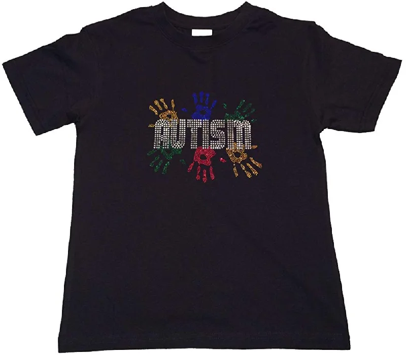 Girls Rhinestone T-Shirt " Autism Awareness with Handprint in Rhinestones " Kids Size 3 to 14 Available