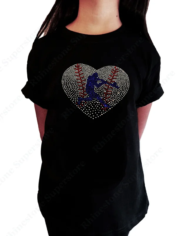 Girls Rhinestone T-Shirt " Baseball Heart with Batter in Rhinestones " Kids Size 3 to 14 Available