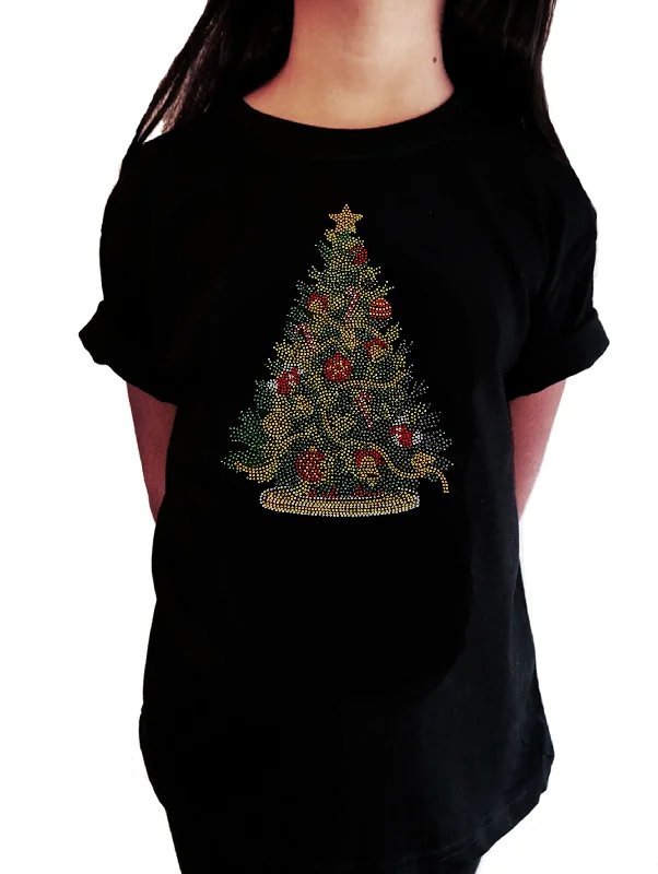 Girls Rhinestone T-Shirt " Colorful Christmas Tree in Rhinestuds " Kids Size 3 to 14 Available