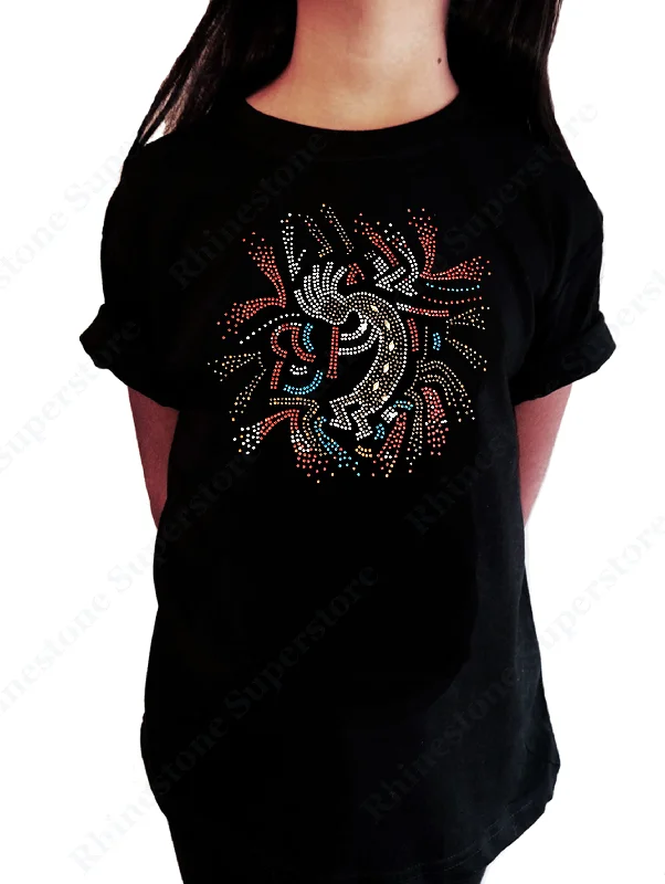 Girls Rhinestone T-Shirt " Kokopelli Playing Flute in Rhinestones " Kids Size 3 to 14 Available