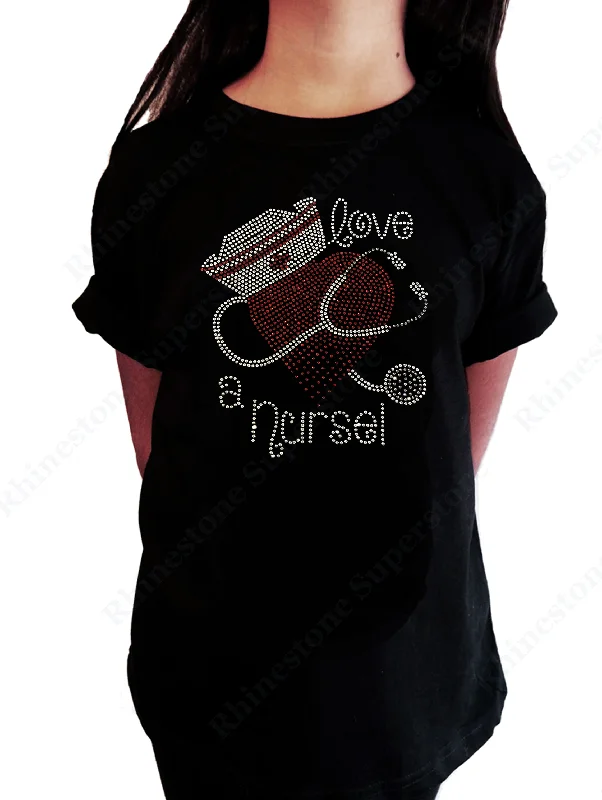 Girls Rhinestone T-Shirt " Love a Nurse in Rhinestones " Kids Size 3 to 14 Available