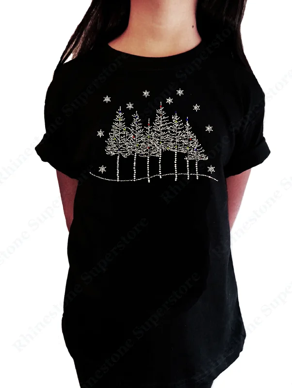 Girls Rhinestone T-Shirt " Tree Line Scene with Snowflakes in Rhinestones " Kids Size 3 to 14 Available