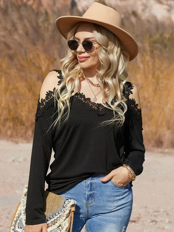 Lace Trim Cold Shoulder Chain Strap Top