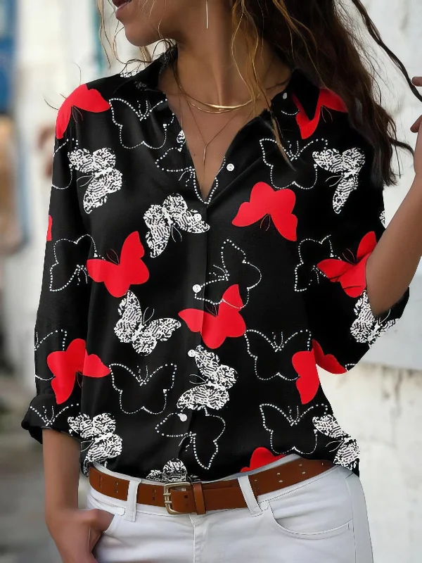 Butterfly Print Button Long Sleeve Blouse