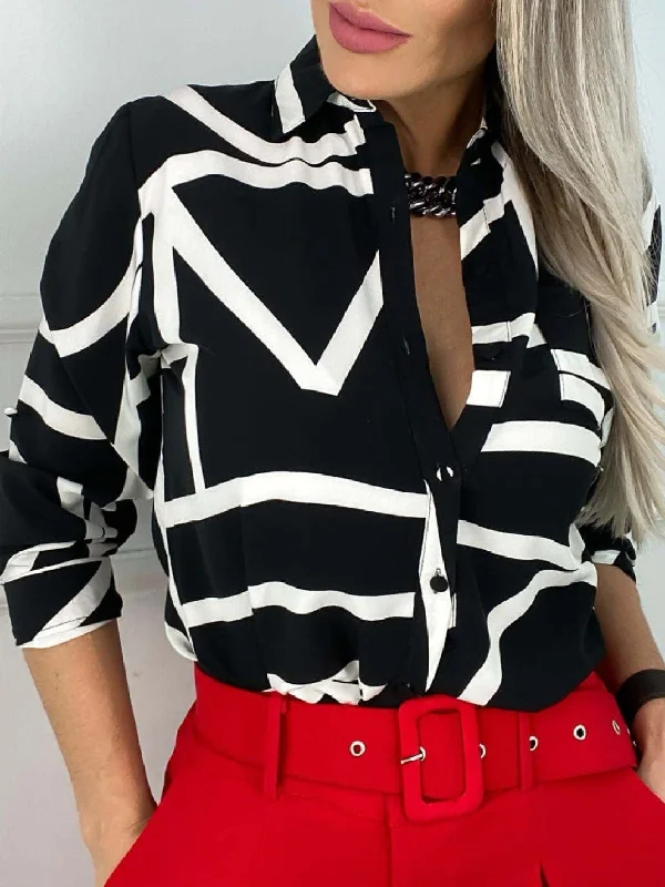 Button Up Fashion Print Long Sleeve Women's Blouse - V-Neck - Halter - Lightweight