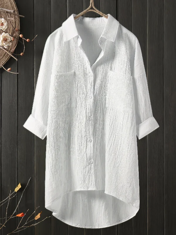 Solid Color Button Pocket Casual Collar Cotton Blouse