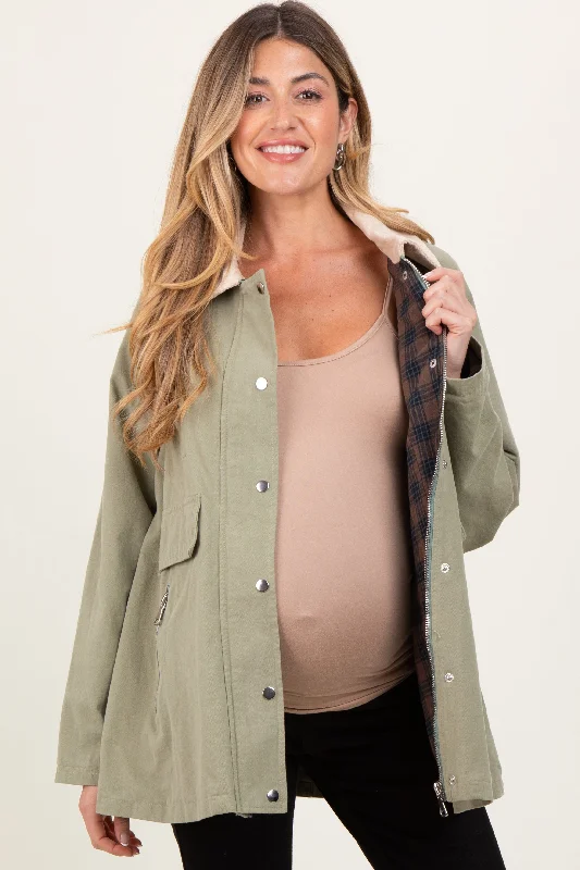 Light Olive Plaid Lined Oversized Maternity Zipper Jacket