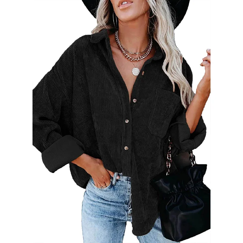 Sidefeel Women Corduroy Long Sleeve Button Down Shirt Oversized Jacket Tops