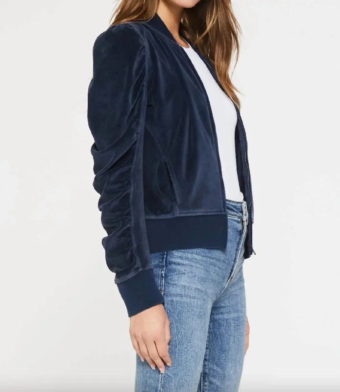 Kayla Velour Ruched Puff Sleeve Zip Sweatshirt In Navy