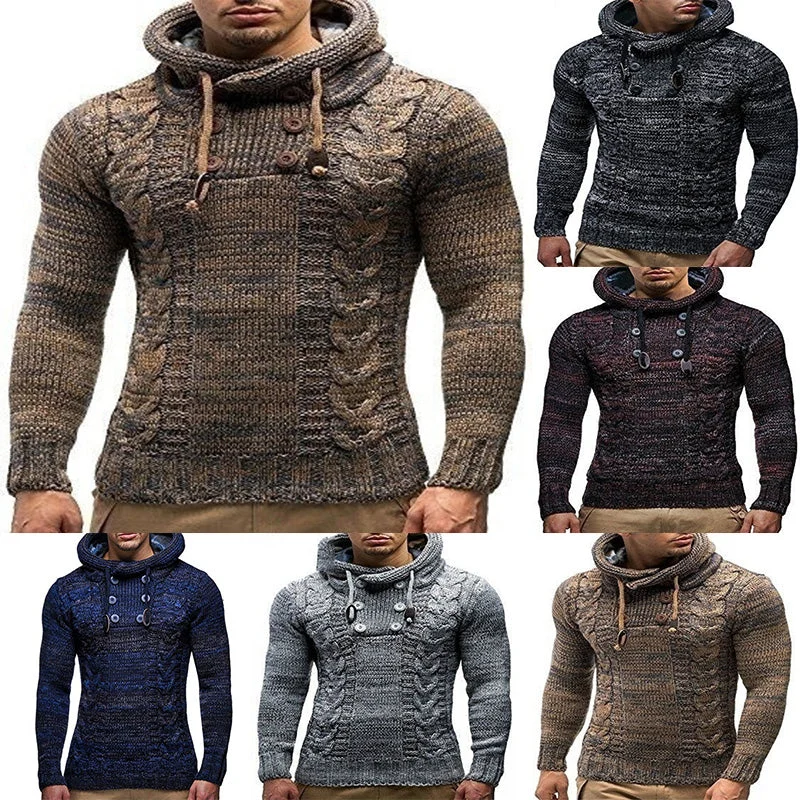 Men Fashion Knitted Tops Pullover Hoodies Long Sleeve Turtleneck Hooded Sweater