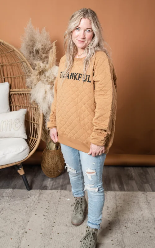 Thankful Quilted Sweatshirt - Caramel** - Final Sale