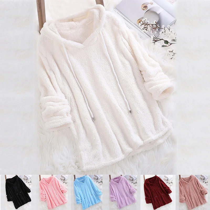 Women Double Sided Plush Long Sleeve Hooded Sweater Pullover Tops Hoodies Blouse