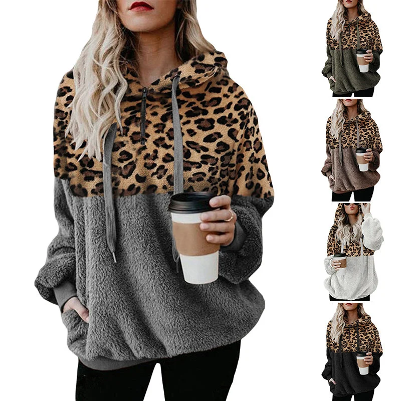 Women Loose Leopard Print Hoodie Long Sleeve Hooded Sweater Pullover Tops Zipper