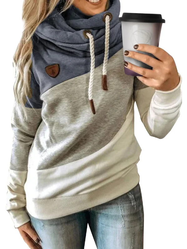 Women Solid Color Splicing Hoodie Long Sleeve Hooded Sweater Blouse Pullover Top