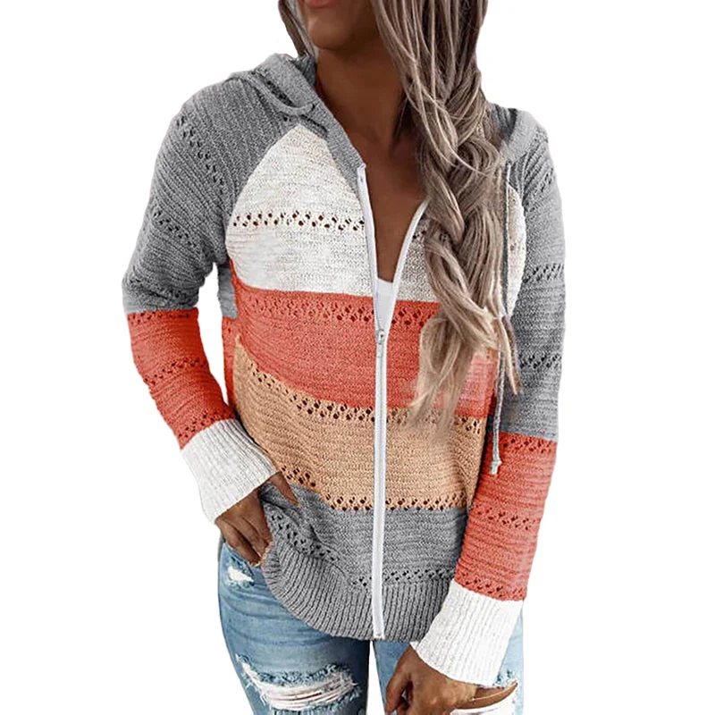 Women Stitching Striped Hooded Long Sleeve Hoodies Sweater Pullover Top Cardigan