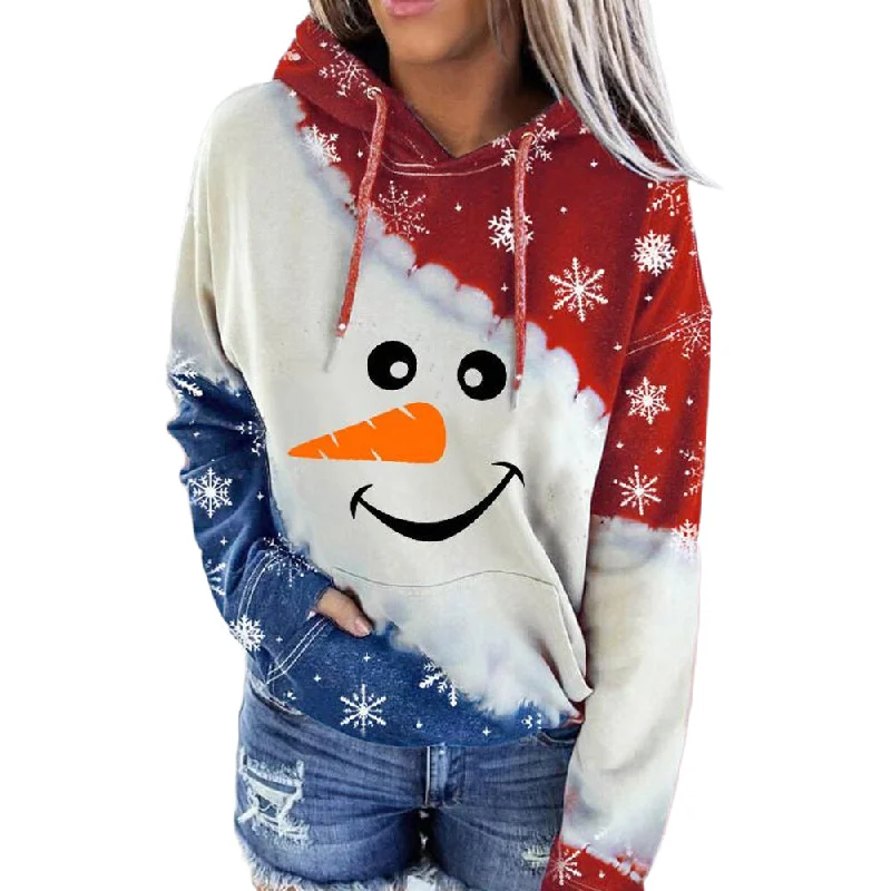 Women's Casual Loose Christmas Snowman Printed Hooded Long Sleeve Hoodie Tops